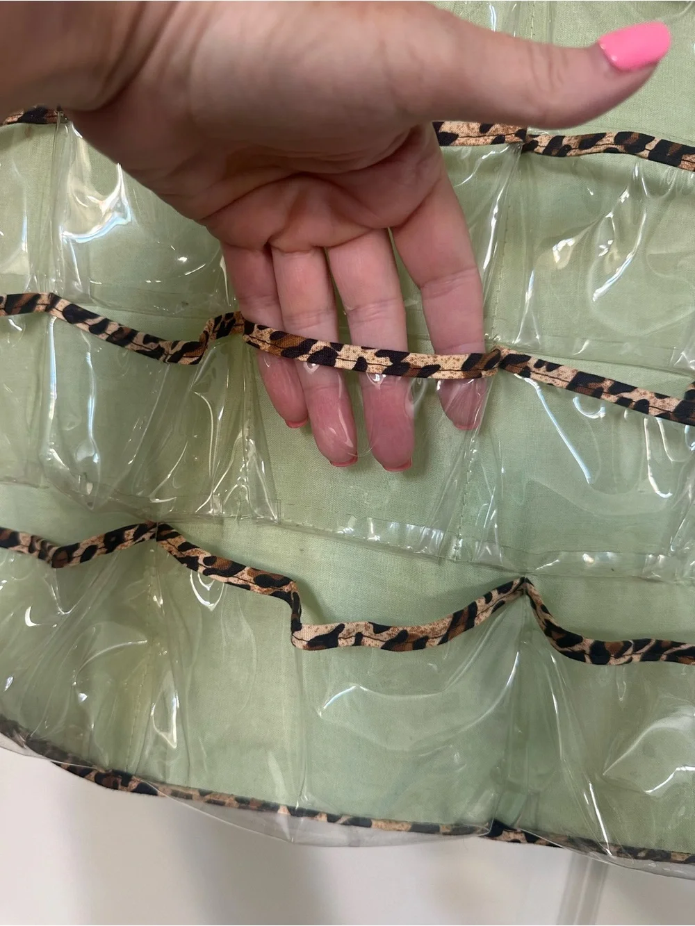 Leopard Trim Hanging Jewelry & Accessory Organizer in Mint Green